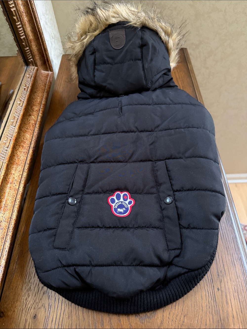 Canada Pooch Quilted Faux-Fur Hooded Dog Coat in Black. Size 16.